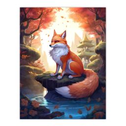 Artery8 Wall Art Print Kitsune Fox Spirit Painting Orange Green Blue Digital Art Conceptual Depiction Mythical Creature in Autumn Forest Landscape w/ - thumbnail 1