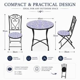 Shatchi Mosaic Bistro Set Three Piece Outdoor Ceramic Table & Chairs - thumbnail 5