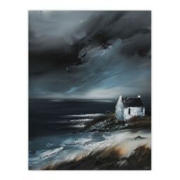 "Artery8 Scottish Coastal Cottage Oil Painting Timeless Wall Art Print in Grey - Size: W18"" x H24""" - thumbnail 1