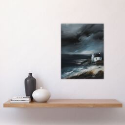 "Artery8 Scottish Coastal Cottage Oil Painting Timeless Wall Art Print in Grey - Size: W18"" x H24""" - thumbnail 4
