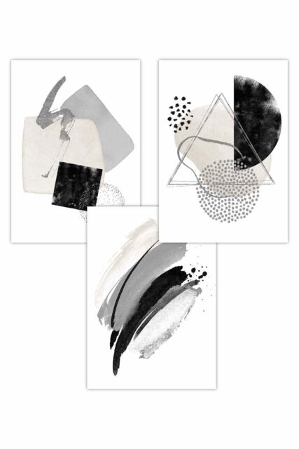 ARTZE Set of 3 Abstract Black Grey Ivory Watercolour Shapes Art Posters in Light Grey - Size: W50 cm x H70 cm - image 1