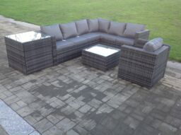 Fimous Rattan Corner Sofa Set Garden Furniture With Chair Coffee Table & Side Table in Dark Grey - thumbnail 1