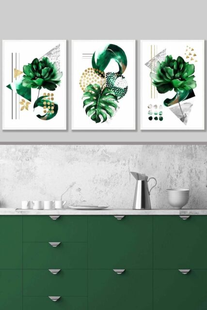 ARTZE Abstract Green Gold Botanical Framed Wall Art - Large in White - Size: W53 cm x H73 cm x D20mm - image 1
