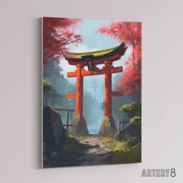 "Artery8 Japanese Torii Gate in Forest Landscape Canvas Wall Art Print - Size: W18"" x H24""" - thumbnail 2