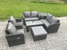 Fimous Rattan Garden Furniture Set with Rectangular Coffee Table Side Table Big Footstool 7 Seater Patio Outdoor Lounge Sofa Set in Dark Grey - thumbnail 2