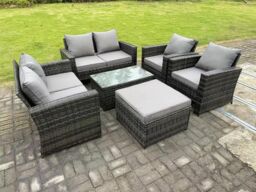 Fimous 7 Seater Dark Grey Mixed High Back Rattan Sofa Set Rectangular Coffee Table Garden Furniture Outdoor Patio - thumbnail 2