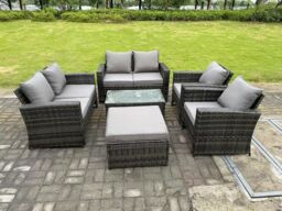 Fimous 7 Seater Dark Grey Mixed High Back Rattan Sofa Set Rectangular Coffee Table Garden Furniture Outdoor Patio - thumbnail 1