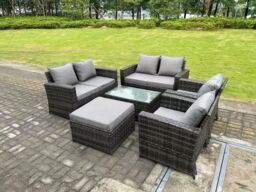 Fimous 7 Seater Dark Grey Mixed High Back Rattan Sofa Set Rectangular Coffee Table Garden Furniture Outdoor Patio - thumbnail 3