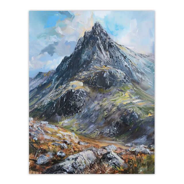 "Artery8 Tryfan Mountain Peak Snowdonia Wales Oil Painting Wall Art Print in Blue - Size: W24"" x H32""" - image 1