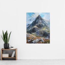 "Artery8 Tryfan Mountain Peak Snowdonia Wales Oil Painting Wall Art Print in Blue - Size: W24"" x H32""" - thumbnail 4