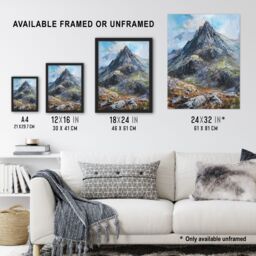 "Artery8 Tryfan Mountain Peak Snowdonia Wales Oil Painting Wall Art Print in Blue - Size: W24"" x H32""" - thumbnail 3