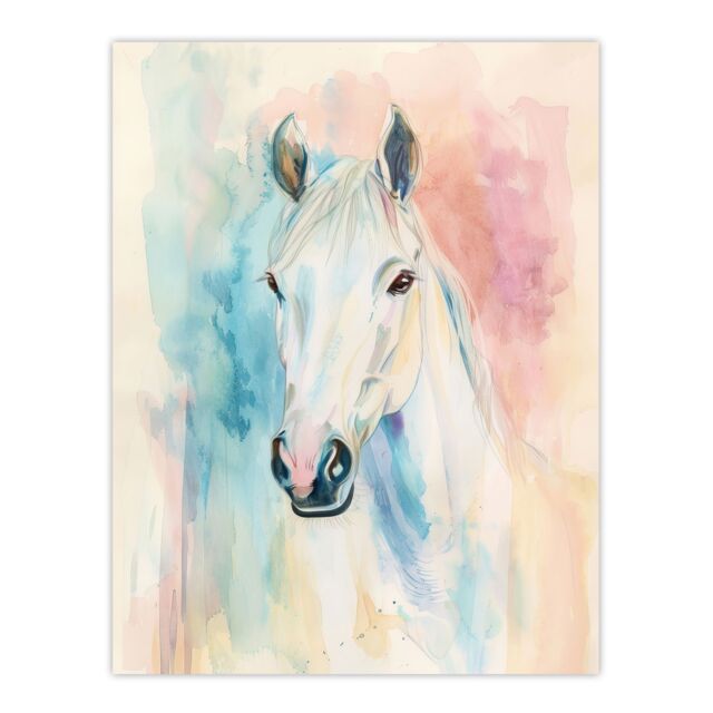 "Artery8 Pastel Watercolour White Horse Head Portrait Wall Art Print - Size: W24"" x H32""" - image 1
