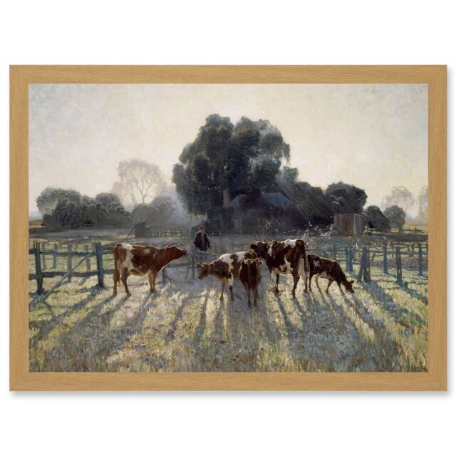 Artery8 Elioth Gruner Spring Frost Livestock Cows Australia Painting Artwork Framed Wall Art Print A4 in Light Oak - image 1