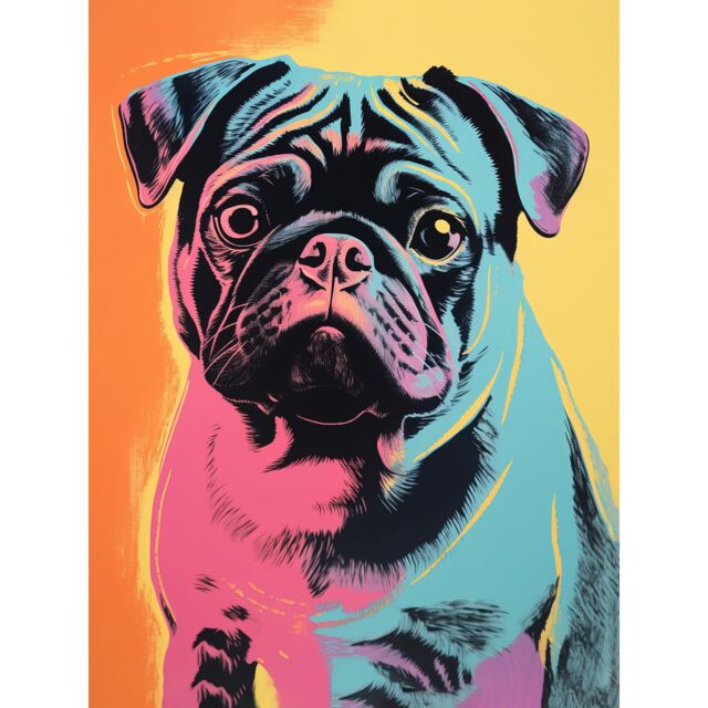 "Artery8 Wall Art Print Cute Pug Dog Colourful Artwork Pink Turquoise Orange & Yellow Vibrant Pet Portrait Poster - Size: W24"" x H32""" - image 1