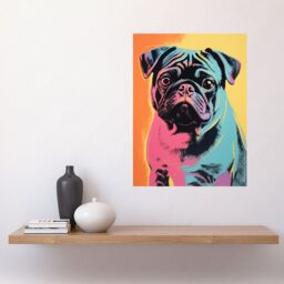 "Artery8 Wall Art Print Cute Pug Dog Colourful Artwork Pink Turquoise Orange & Yellow Vibrant Pet Portrait Poster - Size: W24"" x H32""" - thumbnail 2