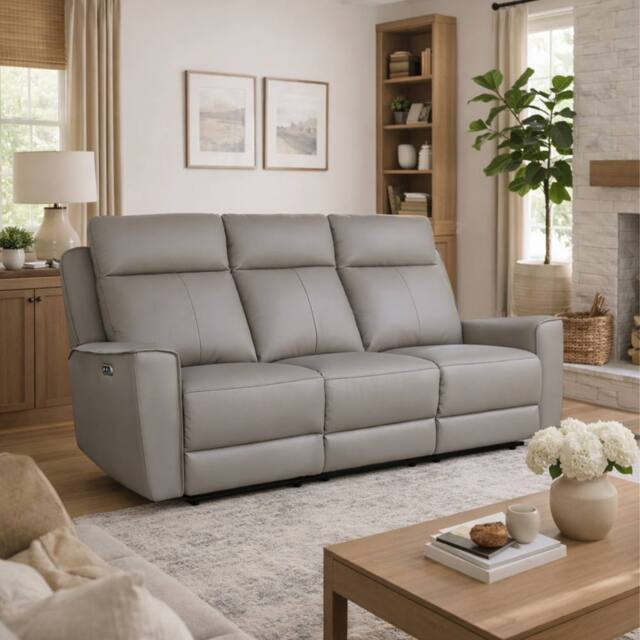 Aspire Rivington Real Leather Power Recliner 3 Seater Sofa with USB Charging in Grey - image 1