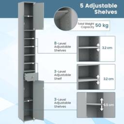 KORVIXA Slim Freestanding Storage Organizer Cupboard Bathroom Tall Cabinet in Grey - Size: W700mm x H750mm - thumbnail 5