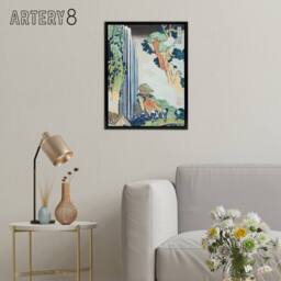 "Artery8 Ono Waterfall on Kisokaido Road Framed Canvas Wall Art Print Hokusai in Green - Size: W12"" x H16""" - thumbnail 3