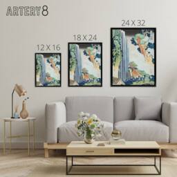"Artery8 Ono Waterfall on Kisokaido Road Framed Canvas Wall Art Print Hokusai in Green - Size: W12"" x H16""" - thumbnail 4