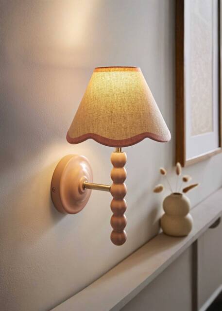 ValueLights Bobbins Rose Pink Bobble Wall Light & Linen Pastel Trim Lamp Shade in Pale Pink - image 1