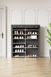 Living and Home 7-tier 2-row Shoe Cabinet Shoe Rack with Roll-Up Dustproof Door in Black - thumbnail 7