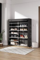 Living and Home 7-tier 2-row Shoe Cabinet Shoe Rack with Roll-Up Dustproof Door in Black - thumbnail 8