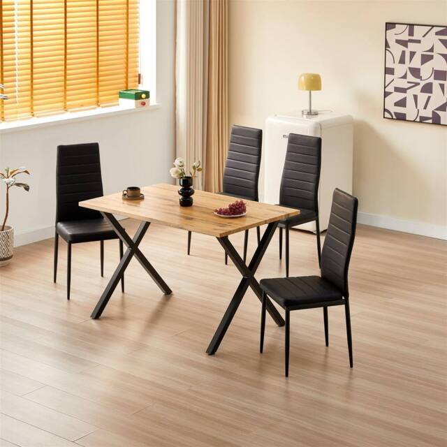 KOSY KOALA Wooden Dining Table with 4 Black Leather Chairs - Dining Kitchen Room Furniture in Brown - image 1