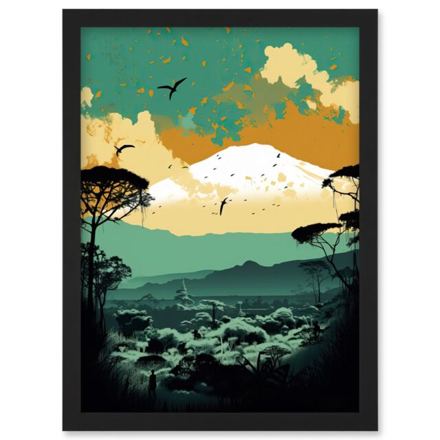 Artery8 Mount Fuji Sunrise Landscape in Teal Blue & Tan Artwork Framed Wall Art Print A4 in Black - image 1