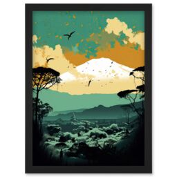 Artery8 Mount Fuji Sunrise Landscape in Teal Blue & Tan Artwork Framed Wall Art Print A4 in Black - thumbnail 1