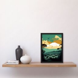 Artery8 Mount Fuji Sunrise Landscape in Teal Blue & Tan Artwork Framed Wall Art Print A4 in Black - thumbnail 2