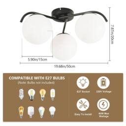 COMELY Modern Black Chandelier, 3 Lights Vintage Glass Ceiling Lights, 50cm - thumbnail 6