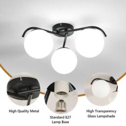 COMELY Modern Black Chandelier, 3 Lights Vintage Glass Ceiling Lights, 50cm - thumbnail 7