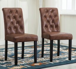 MCC Direct Set of 2 Linen Fabric Plush Padded Buttoned Back Dining Chairs in Brown - thumbnail 1