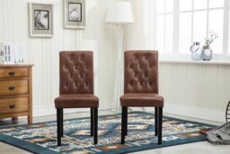 MCC Direct Set of 2 Linen Fabric Plush Padded Buttoned Back Dining Chairs in Brown - thumbnail 2