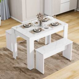 BTM Artificial Marble Dining Set with 2 Benches, Small Space in White - thumbnail 1