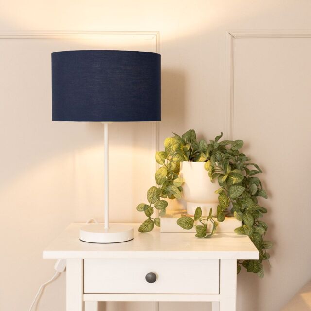 ValueLights Charlie White Metal Single Stem Table Lamp with Fabric Drum Lamp Shade in Navy - image 1