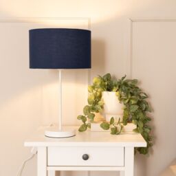 ValueLights Charlie White Metal Single Stem Table Lamp with Fabric Drum Lamp Shade in Navy - thumbnail 1