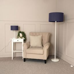 ValueLights Charlie White Metal Single Stem Table Lamp with Fabric Drum Lamp Shade in Navy - thumbnail 5