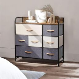 FURNOS Wide 5 Fabric Drawer Bedroom Dresser With Large Drawers in Brown - thumbnail 1