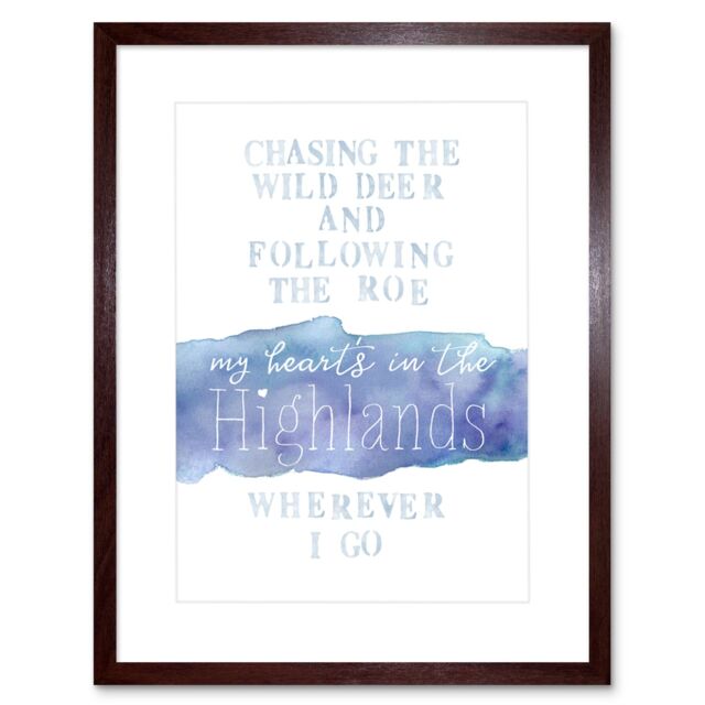 "Artery8 Wall Art Print My Heart's Highlands Scotland Burns Song Lyrics Watercolour Framed Art in Brown - Size: W7"" x H9""" - image 1