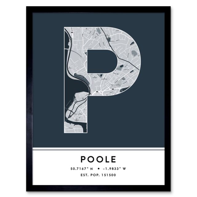 "Wee Blue Coo Wall Art Print Poole England United Kingdom City Map Modern Typography Stylish Letter Framed Word in Navy - Size: W12"" x H16""" - image 1