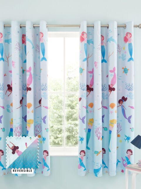 Catherine Lansfield 'Mermaid' Reversible Lined Eyelet Curtains Two Panels in Blue - Size: 168 cm width x 183 cm drop - image 1