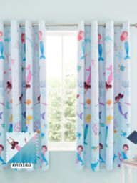 Catherine Lansfield 'Mermaid' Reversible Lined Eyelet Curtains Two Panels in Blue - Size: 168 cm width x 183 cm drop - thumbnail 1