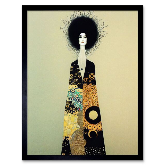 "Artery8 Wall Art Print Portrait of Beautiful Woman Gustav Klimt Style Dress Art Framed in Black - Size: W12"" x H16""" - image 1