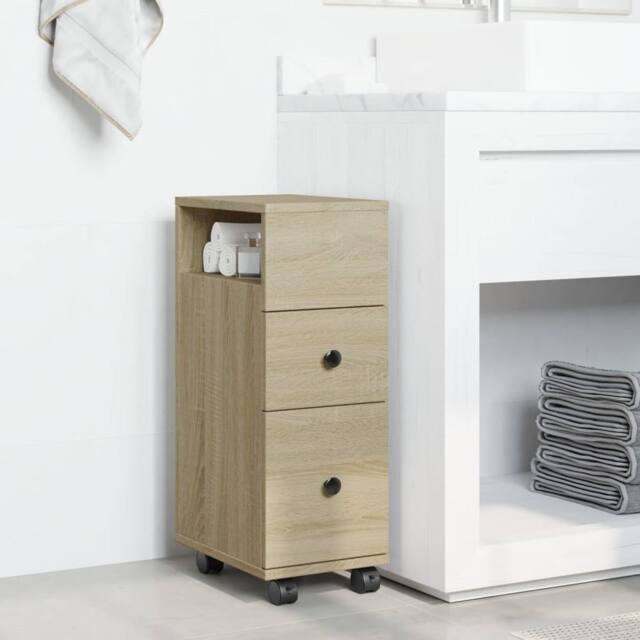 Berkfield Home Narrow Bathroom Cabinet with Wheels Sonoma Oak Engineered Wood in Light Oak - image 1