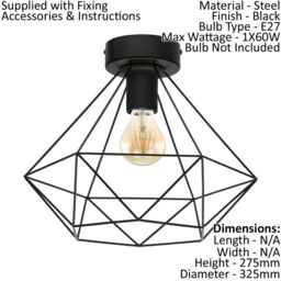 Loops Semi Flush Ceiling Light Black Steel Geometric Shade 1 x 60W E27 Bulb Feature - thumbnail 2
