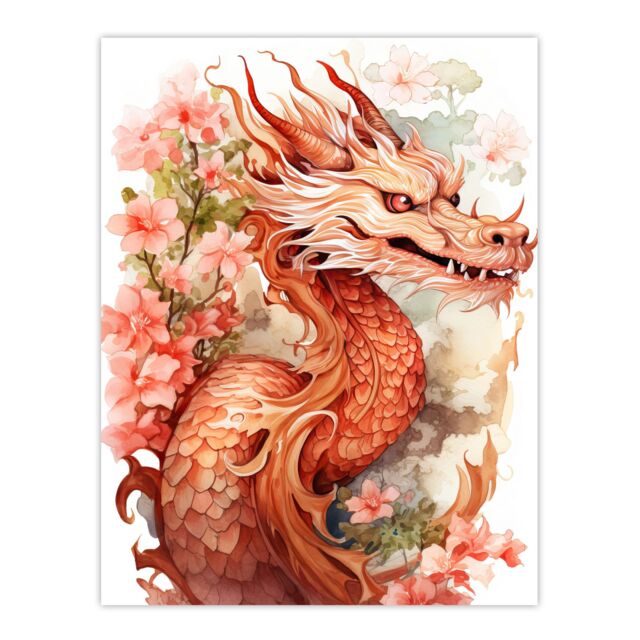 "Artery8 Wall Art Print Fantasy Dragon Serpent Floral Pink Orange 2024 China Year Of The Dragon Poster in Red - Size: W24"" x H32""" - image 1