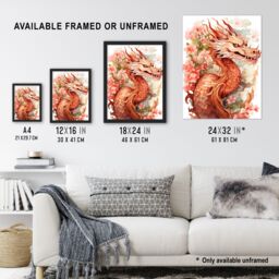 "Artery8 Wall Art Print Fantasy Dragon Serpent Floral Pink Orange 2024 China Year Of The Dragon Poster in Red - Size: W24"" x H32""" - thumbnail 3