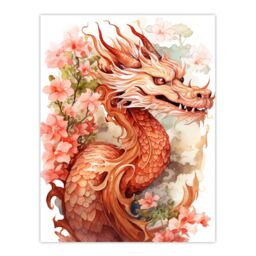 "Artery8 Wall Art Print Fantasy Dragon Serpent Floral Pink Orange 2024 China Year Of The Dragon Poster in Red - Size: W24"" x H32""" - thumbnail 1