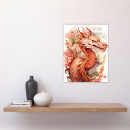 "Artery8 Wall Art Print Fantasy Dragon Serpent Floral Pink Orange 2024 China Year Of The Dragon Poster in Red - Size: W24"" x H32""" - thumbnail 4